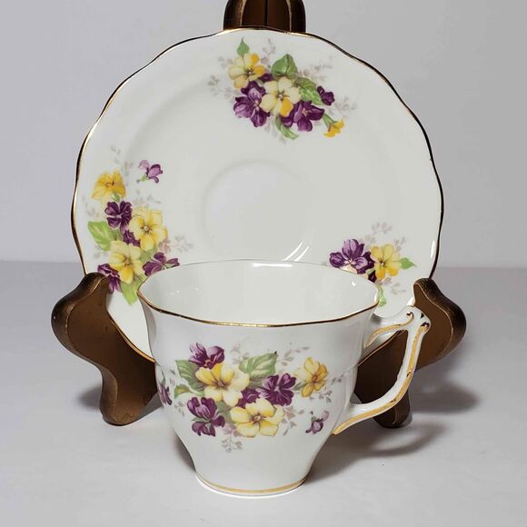 Old Royal Demitasse (Small) Teacup and Saucer Purple Yellow Flowers Vintage - Picture 5 of 9